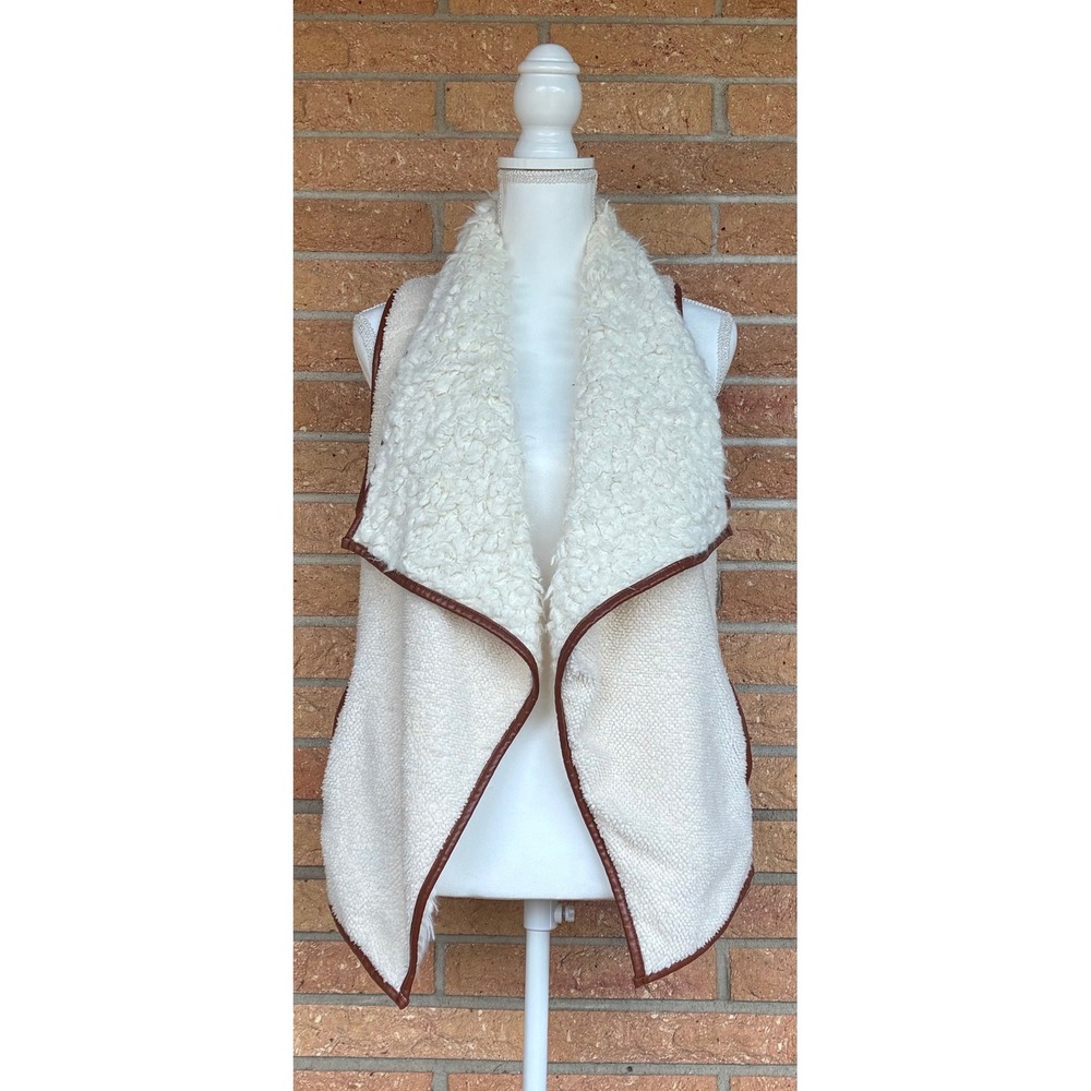 Sherpa Waterfall Fleece Vest W Small Cream Brown Trim Layering Boho Gorpcore